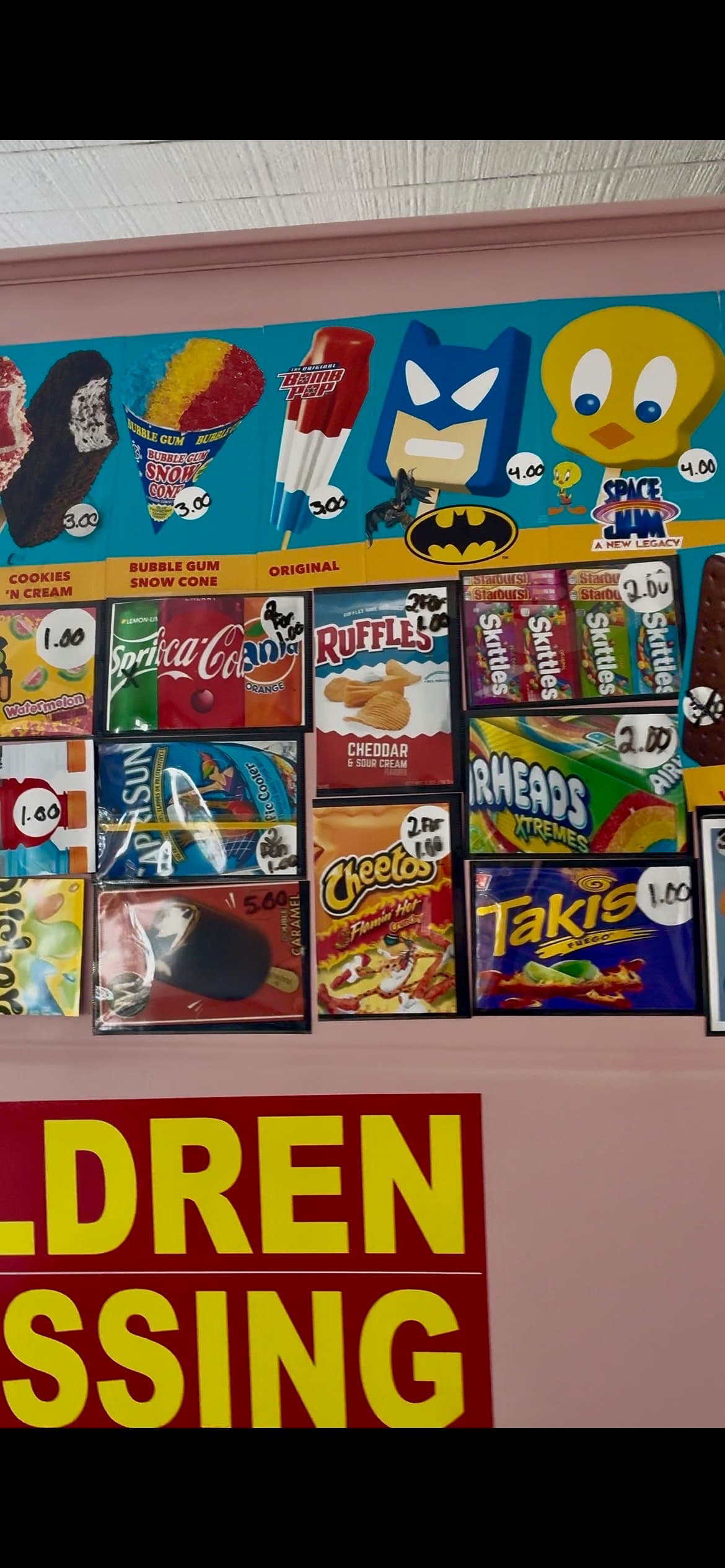 Sweet Spot Truck snack, drink, and character pop menu on the truck